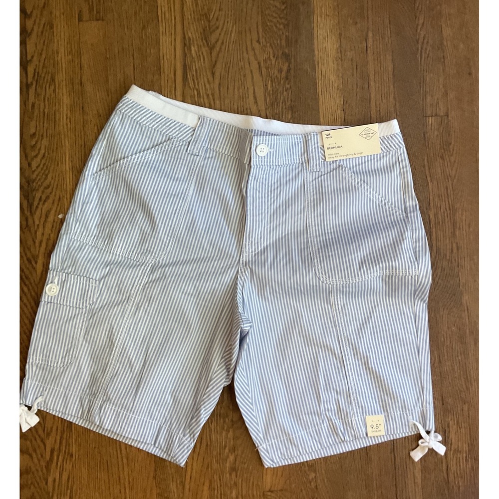St Johns Bay Womens Blue White Striped Bermuda Shorts Petite 12P NWT Cargo Tie